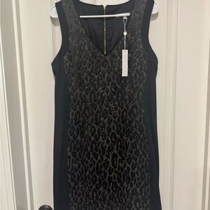 Trina Turk Black Leopard Dress with Black Panels and Gold Zipper